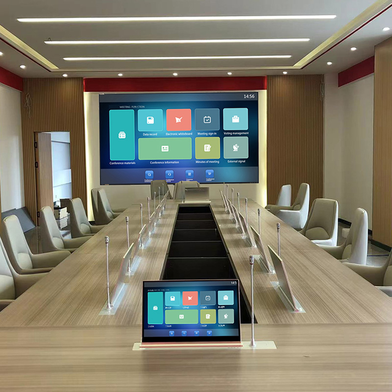 Bezpapierový konferenčný systém s výklopným monitorom na skrytú plochu